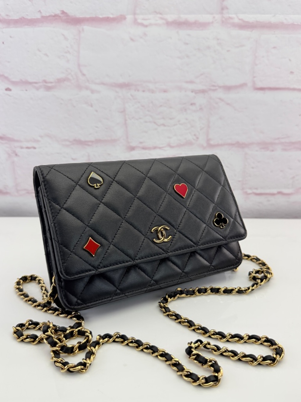 CHANEL Lambskin Quilted Enamel Coco Casino Wallet On Chain WOC Black
